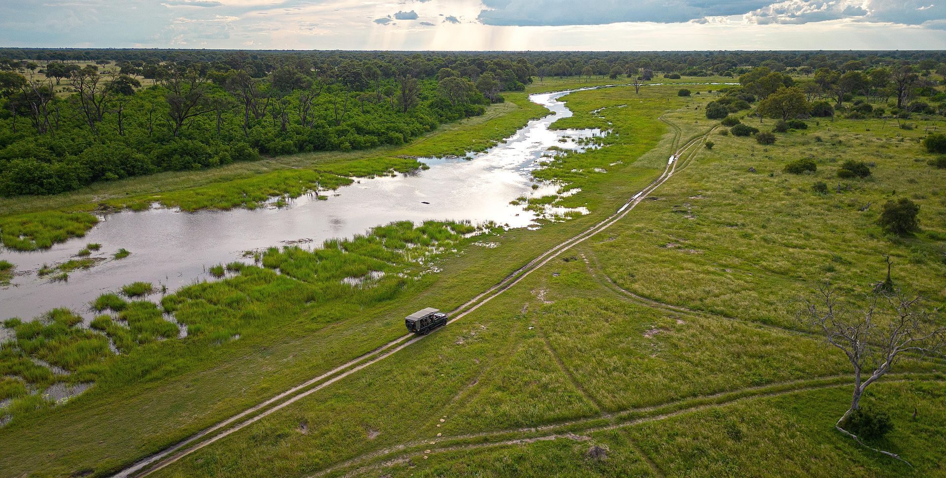 Aerial of green Okavango floodplain, a river channel and a safari vehicle on a sand track